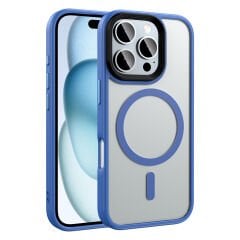 iPhone 16 Pro Kılıf Mat Arka Yüzey Wireless Şarj Özellikli Zore Flet M-safe Kılıf-Mavi
