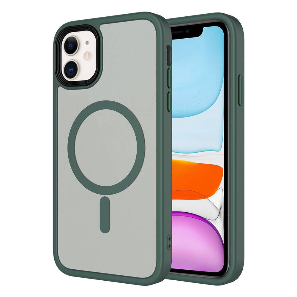 iPhone 11 Kılıf Mat Arka Yüzey Wireless Şarj Özellikli Zore Flet M-safe Kılıf-Koyu Yeşil
