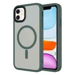 iPhone 11 Kılıf Mat Arka Yüzey Wireless Şarj Özellikli Zore Flet M-safe Kılıf-Koyu Yeşil