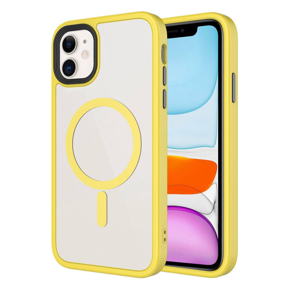 iPhone 11 Kılıf Mat Arka Yüzey Wireless Şarj Özellikli Zore Flet M-safe Kılıf-Sarı