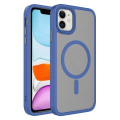 iPhone 11 Kılıf Mat Arka Yüzey Wireless Şarj Özellikli Zore Flet M-safe Kılıf-Lacivert