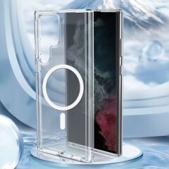Galaxy S22 Ultra Kılıf Zore M-safe Şarj Özellikli Şeffaf Sert PC Zore Embos Kılıf-Renksiz