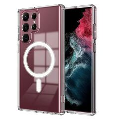 Galaxy S23 Ultra Kılıf Zore M-safe Şarj Özellikli Şeffaf Sert PC Zore Embos Kılıf-Renksiz
