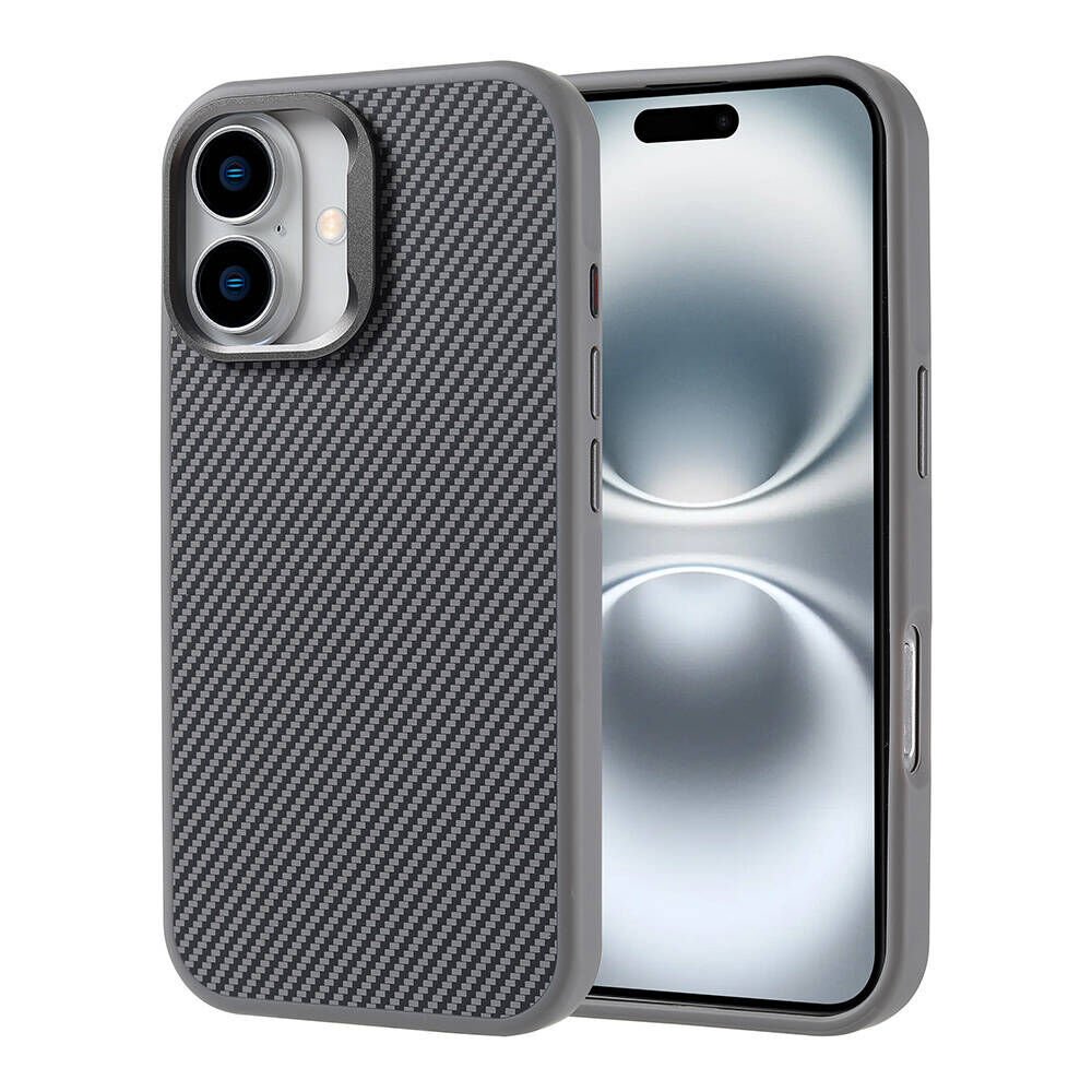 iPhone 16 Kılıf M-safe Şarj Özellikli Karbon Fiber Görünümlü Zore Troy Kılıf-Gümüş