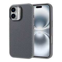 iPhone 16 Kılıf M-safe Şarj Özellikli Karbon Fiber Görünümlü Zore Troy Kılıf-Gümüş