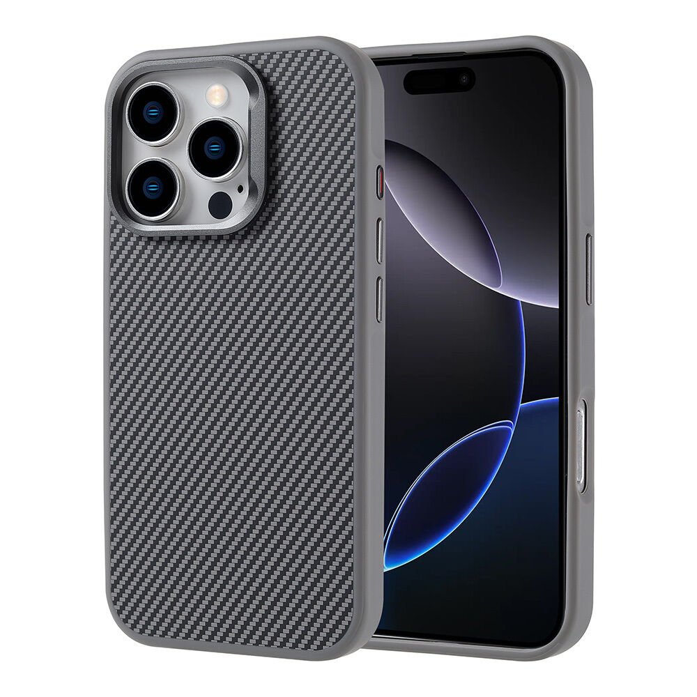 iPhone 16 Pro Max Kılıf M-safe Şarj Özellikli Karbon Fiber Görünümlü Zore Troy Kılıf-Gümüş