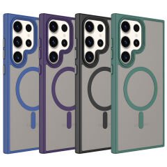 Galaxy S23 Ultra Kılıf Mat Arka Yüzey Wireless Şarj Özellikli Zore Flet M-safe Kılıf-Yeşil
