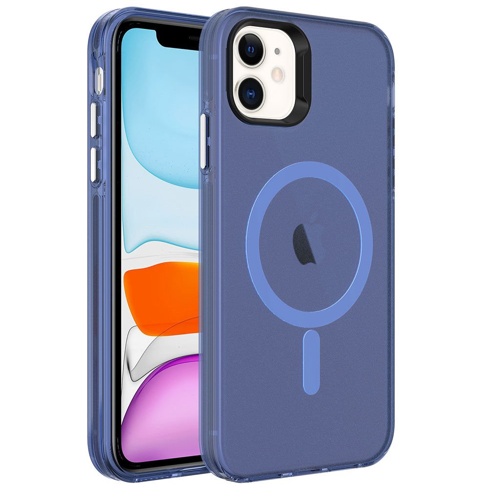 iPhone 11 Kılıf Zore M-safe Şarj Özellikli Buzlu Transparan C-Pro Sert Kılıf-Lacivert