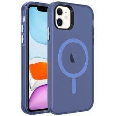 iPhone 11 Kılıf Zore M-safe Şarj Özellikli Buzlu Transparan C-Pro Sert Kılıf-Lacivert