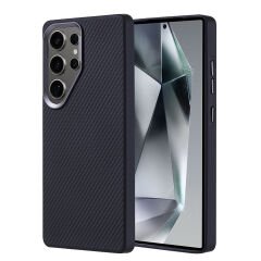 Galaxy S25 Ultra Kılıf M-safe Şarj Özellikli Karbon Fiber Görünümlü Zore Troy Kılıf-Siyah