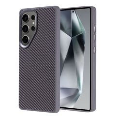 Galaxy S25 Ultra Kılıf M-safe Şarj Özellikli Karbon Fiber Görünümlü Zore Troy Kılıf-Gri