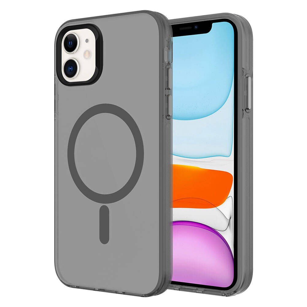 iPhone 11 Kılıf Zore M-safe Şarj Özellikli Buzlu Transparan C-Pro Sert Kılıf-Koyu Gri