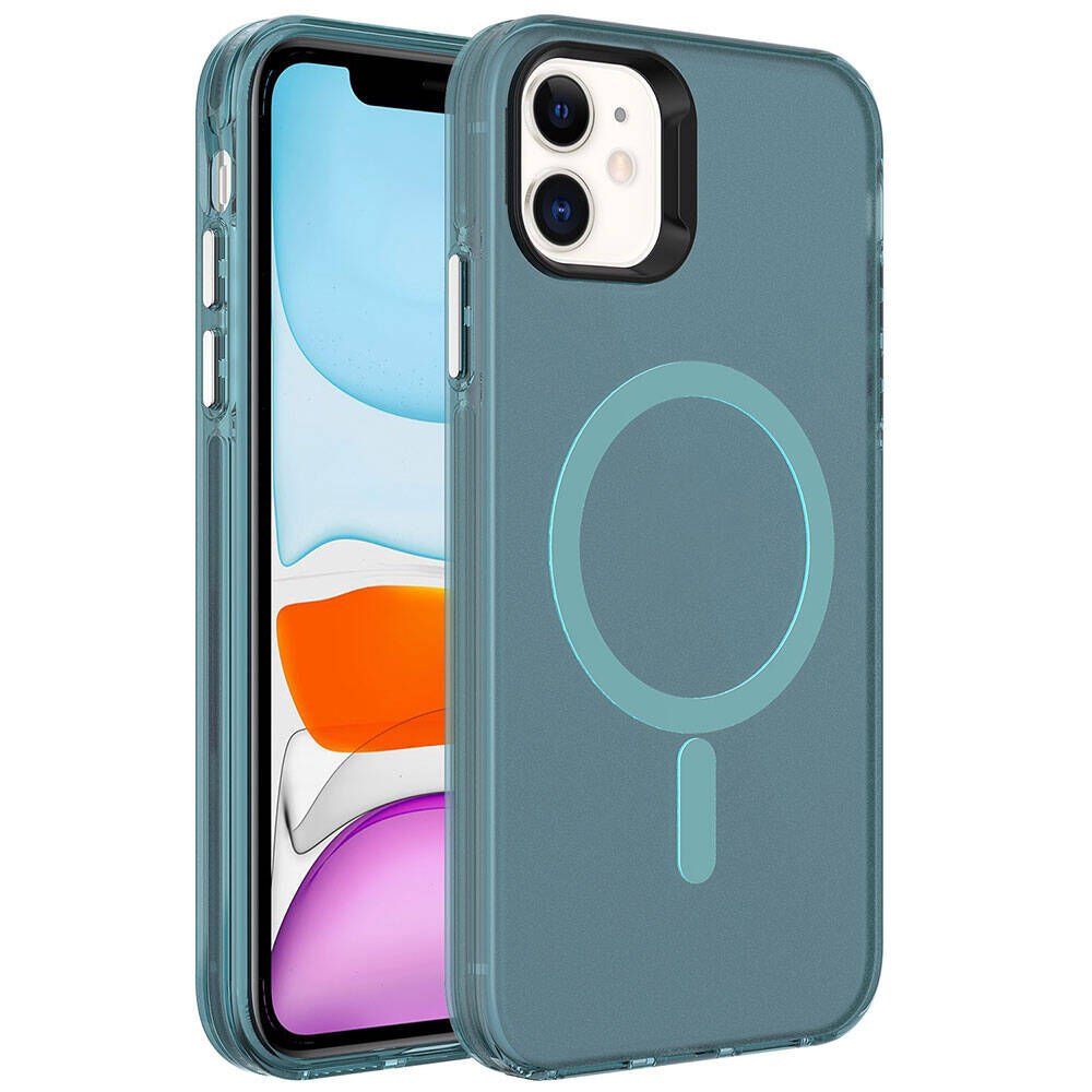 iPhone 12 Kılıf Zore M-safe Şarj Özellikli Buzlu Transparan C-Pro Sert Kılıf-Koyu Yeşil