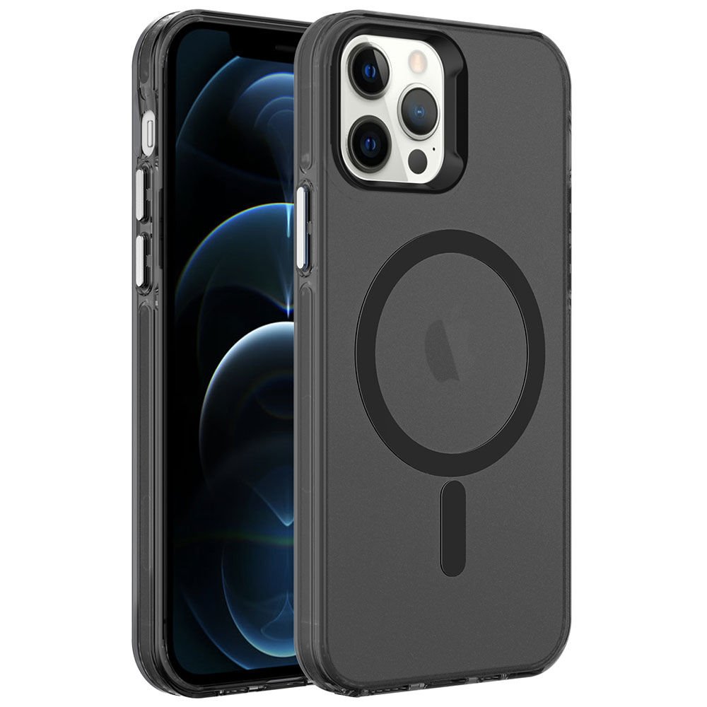 iPhone 12 Pro Kılıf Zore M-safe Şarj Özellikli Buzlu Transparan C-Pro Sert Kılıf-Siyah