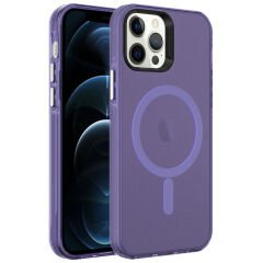 iPhone 12 Pro Kılıf Zore M-safe Şarj Özellikli Buzlu Transparan C-Pro Sert Kılıf-Derin Mor