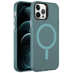 iPhone 12 Pro Kılıf Zore M-safe Şarj Özellikli Buzlu Transparan C-Pro Sert Kılıf-Koyu Yeşil