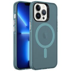 iPhone 13 Pro Kılıf Zore M-safe Şarj Özellikli Buzlu Transparan C-Pro Sert Kılıf-Lacivert