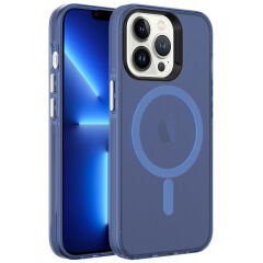 iPhone 13 Pro Kılıf Zore M-safe Şarj Özellikli Buzlu Transparan C-Pro Sert Kılıf-Lacivert