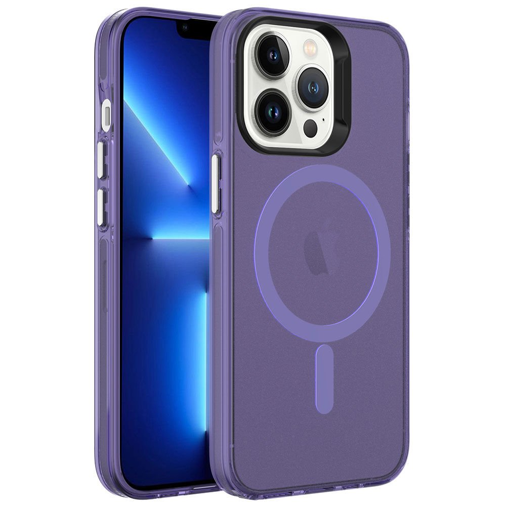 iPhone 13 Pro Max Kılıf Zore M-safe Şarj Özellikli Buzlu Transparan C-Pro Sert Kılıf-Derin Mor