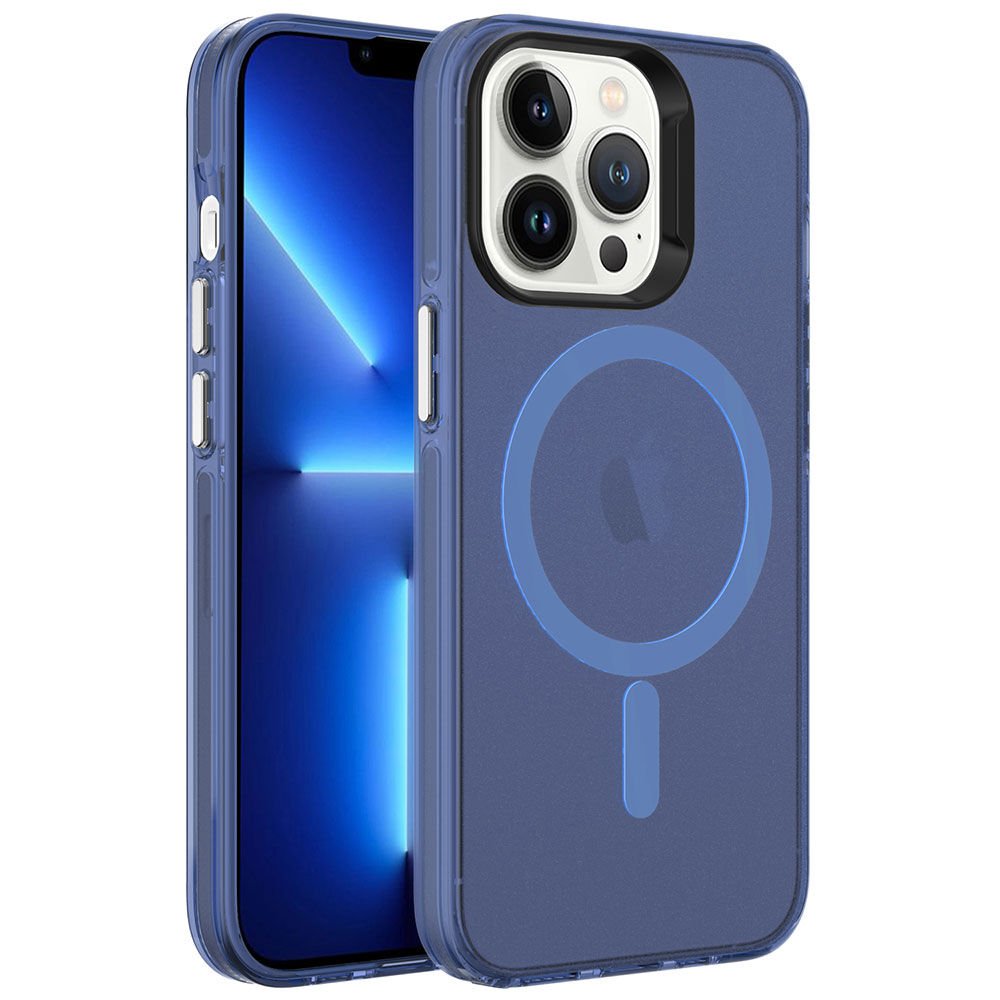 iPhone 13 Pro Max Kılıf Zore M-safe Şarj Özellikli Buzlu Transparan C-Pro Sert Kılıf-Lacivert