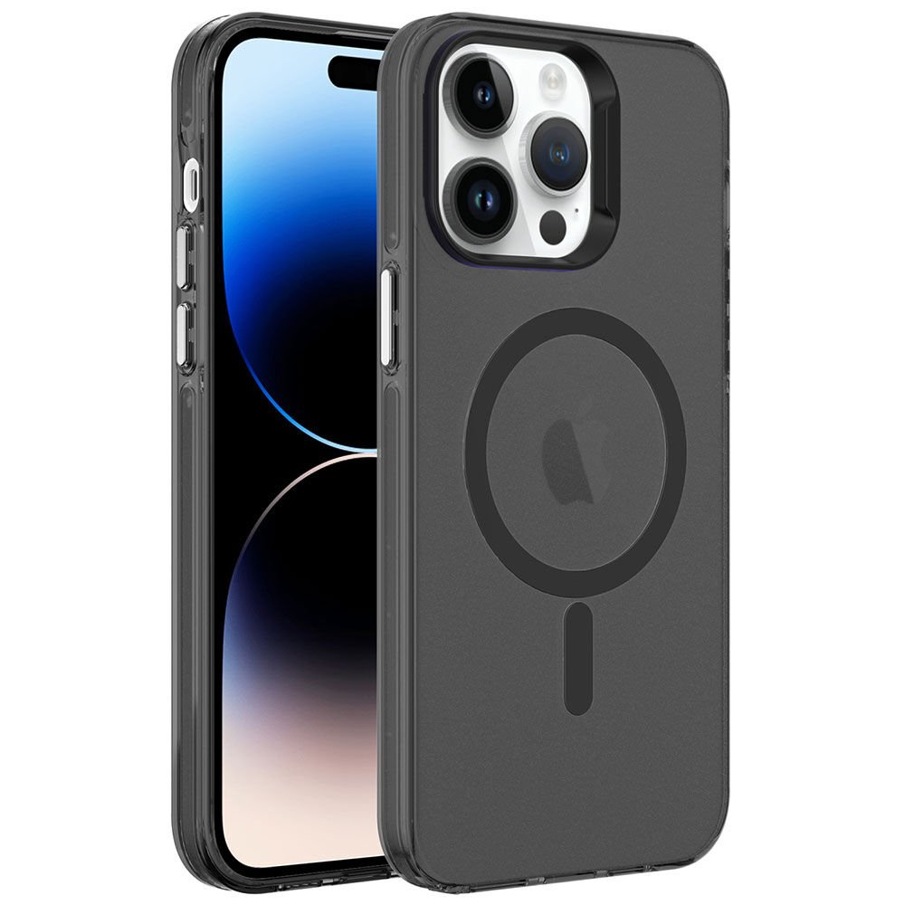 iPhone 14 Pro Max Kılıf Zore M-safe Şarj Özellikli Buzlu Transparan C-Pro Sert Kılıf-Siyah