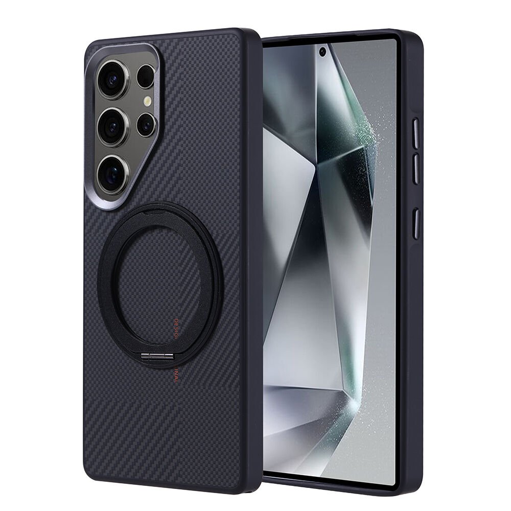 Galaxy S25 Ultra Kılıf M-safe Şarj Özellikli Karbon Fiber Görünümlü Zore Standlı Troy Kılıf-Siyah