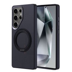 Galaxy S25 Ultra Kılıf M-safe Şarj Özellikli Karbon Fiber Görünümlü Zore Standlı Troy Kılıf-Siyah