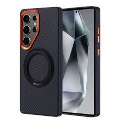 Galaxy S25 Ultra Kılıf M-safe Şarj Özellikli Karbon Fiber Görünümlü Zore Standlı Troy Kılıf-Turuncu