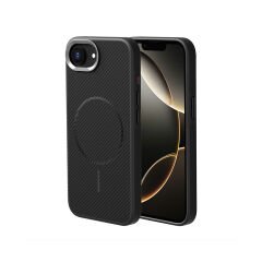 iPhone 16E Kılıf M-safe Şarj Özellikli Karbon Fiber Görünümlü Zore Troy Kılıf-Siyah