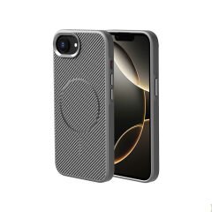 iPhone 16E Kılıf M-safe Şarj Özellikli Karbon Fiber Görünümlü Zore Troy Kılıf-Gri