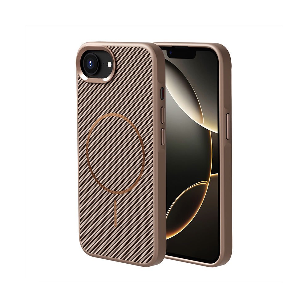 iPhone 16E Kılıf M-safe Şarj Özellikli Karbon Fiber Görünümlü Zore Troy Kılıf-Gold