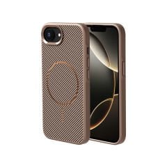 iPhone 16E Kılıf M-safe Şarj Özellikli Karbon Fiber Görünümlü Zore Troy Kılıf-Gold
