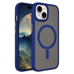 iPhone 15 Kılıf Mat Arka Yüzey Wireless Şarj Özellikli Zore Flet M-safe Kılıf-Mavi