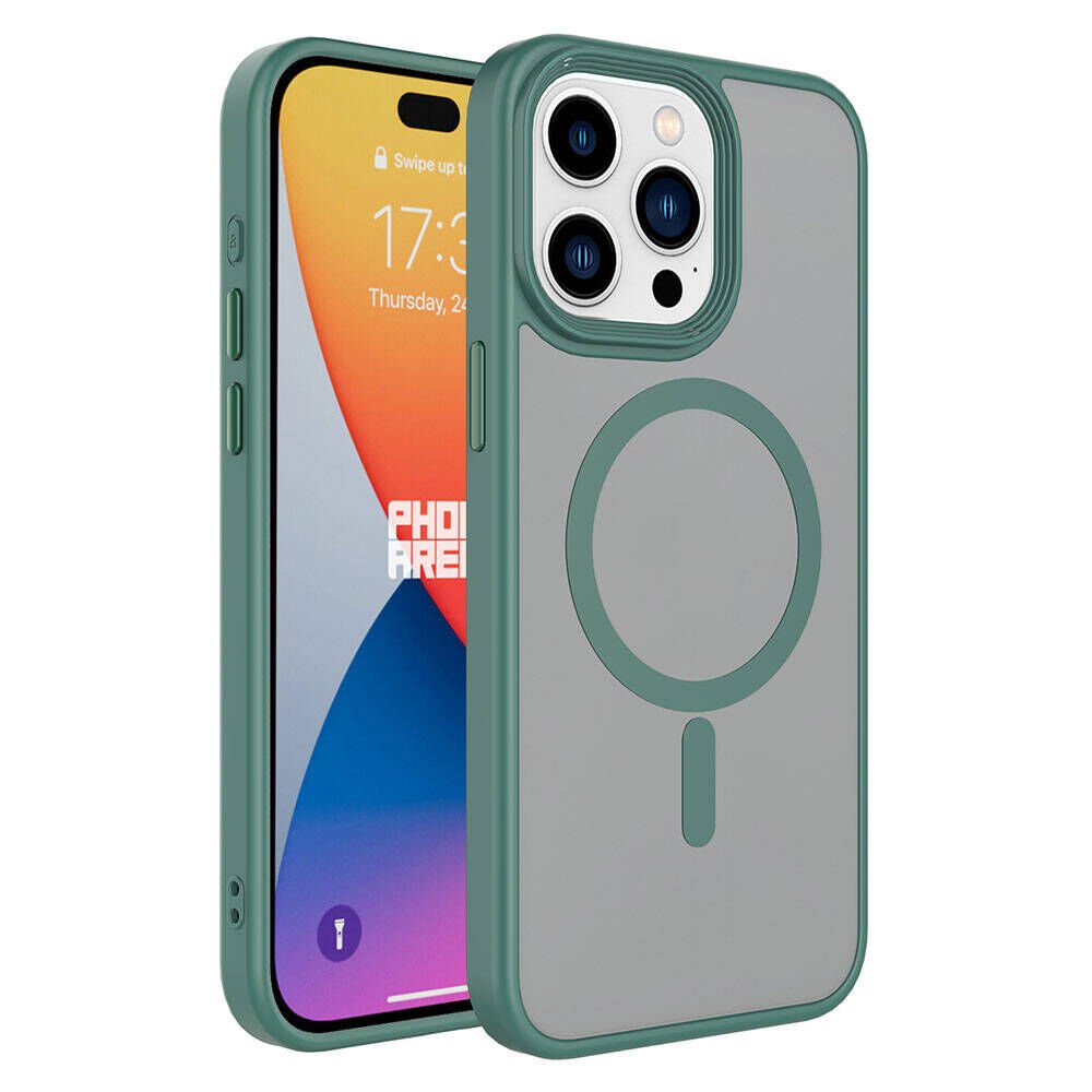 iPhone 15 Pro Kılıf Mat Arka Yüzey Wireless Şarj Özellikli Zore Flet M-safe Kılıf-Yeşil