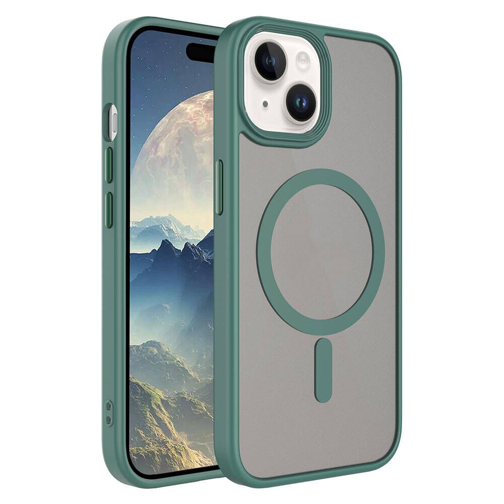 iPhone 15 Plus Kılıf Mat Arka Yüzey Wireless Şarj Özellikli Zore Flet M-safe Kılıf-Yeşil