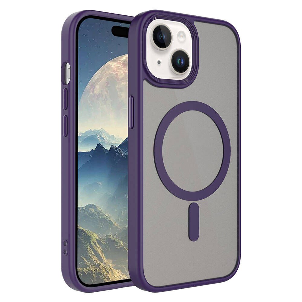 iPhone 15 Plus Kılıf Mat Arka Yüzey Wireless Şarj Özellikli Zore Flet M-safe Kılıf-Derin Mor