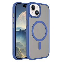 iPhone 15 Plus Kılıf Mat Arka Yüzey Wireless Şarj Özellikli Zore Flet M-safe Kılıf-Mavi