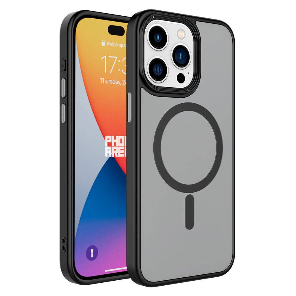 iPhone 15 Pro Max Kılıf Mat Arka Yüzey Wireless Şarj Özellikli Zore Flet M-safe Kılıf-Siyah