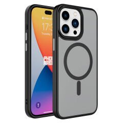iPhone 15 Pro Max Kılıf Mat Arka Yüzey Wireless Şarj Özellikli Zore Flet M-safe Kılıf-Siyah