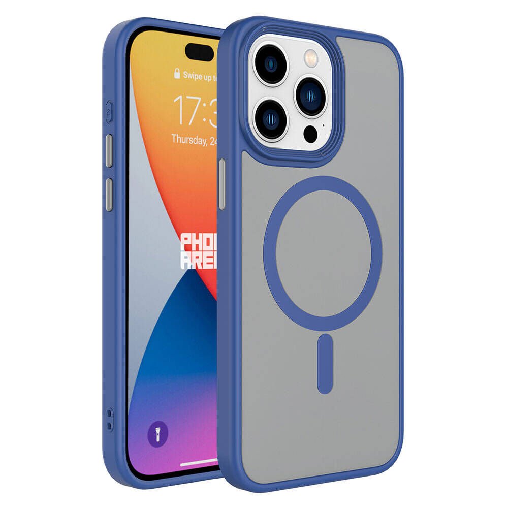 iPhone 15 Pro Max Kılıf Mat Arka Yüzey Wireless Şarj Özellikli Zore Flet M-safe Kılıf-Mavi